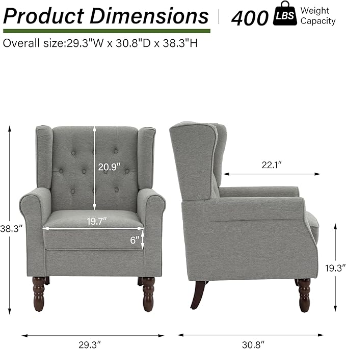 Accent Chair, Upholstered Armchair with Button Tufted High Back & Solid Wood Legs, Comfy Wingback Reading Single Sofa Chair for Small Spaces, Living Room, Bedroom (Light Grey, Set of 2)