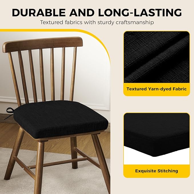 downluxe Indoor Chair Cushions for Dining Chairs, Soft and Comfortable Textured Foam Kitchen Chair Pads with Ties and Non-Slip Backing, 16" x 16" x 2", Black, 4 Pack