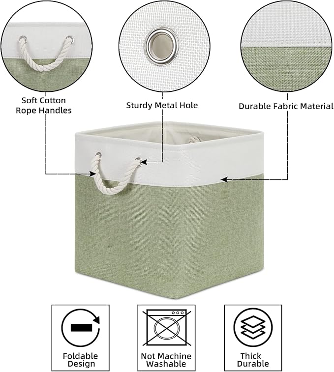 Bidtakay Cubby Storage Bins Set of 3 Fabric Baskets for Shelves Closet Drawer Organizer Storage Cubes 13x13 Collapsible Organization Baskets for Nursery Toy Shelf (White&green)