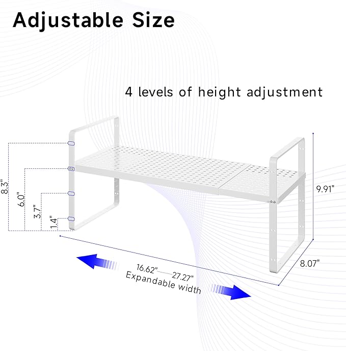 Expandable Kitchen Shelf Organizers, Kitchen Cabinet Organizer Stand Rack Organization for Countertop Cupborad Pantry, White 1 Pack