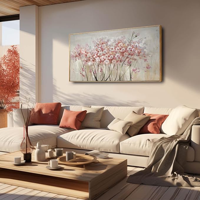 Flower Wall Art Framed Beige Canvas Paintings Colorful Wall Decor 24"x48" Art Posters Pictures for Dining Room Office Hotel