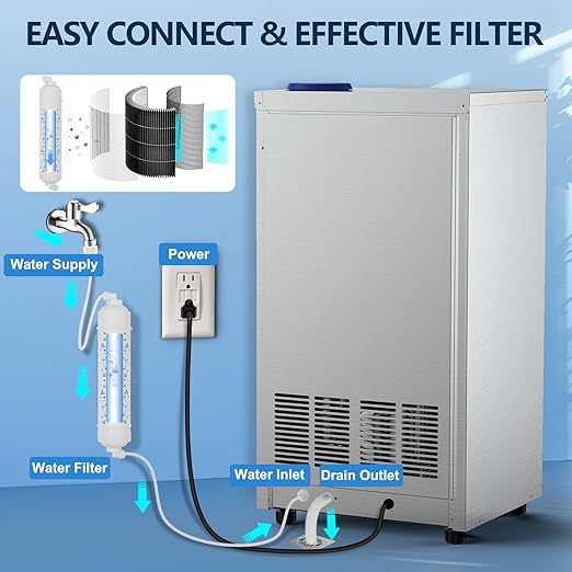 Commercial Ice Maker Machine, 150Lbs/24H with 45Lbs Storage, Fast Ice Making in 8-15Mins, Stainless Steel Under Counter or Freestanding Ice Machine for Home, Party, Office - 2 Water Inlet Modes