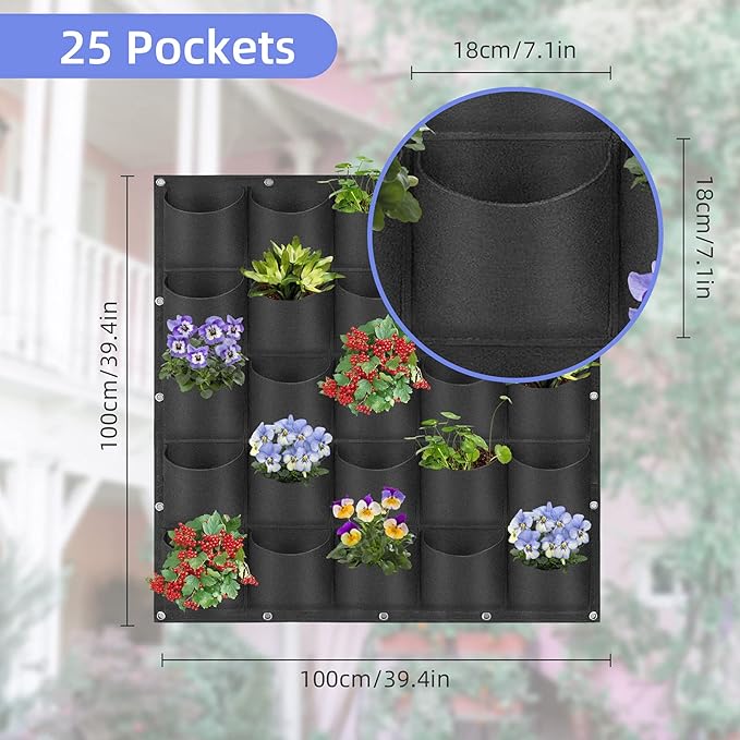 25 Pockets Hanging Planter Bags, Hanging Vertical Wall Mounted Plant Planting Grow Bags, Herb Garden Planter Outdoor Indoor Growing Bag, Gardening Vertical Greening Flower Container(1m×1m, Black)
