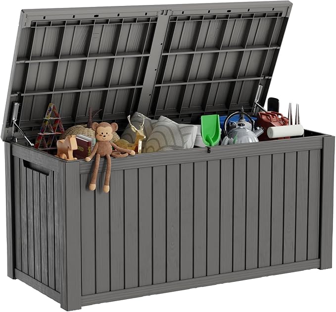180 Gallon Deck Box,Resin Outdoor Storage Box with Lockable for Patio Furniture, Pool Accessories, Garden Tools Waterproof Outside Storage Box, Grey