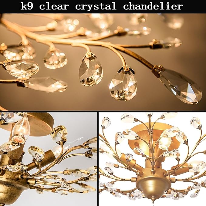 Ganeed Crystal Chandeliers,K9 Crystal Ceiling Light,Vintage Light Fixtures Pendant Lighting for Living Room Bedroom Restaurant Porch Hallway (4-Light,Golden)