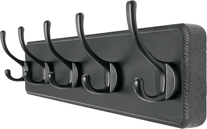 Dseap Coat Rack Wall Mount: Modern, Patented, Heavy-Duty, 17.4" Long 5-Double-Hooks Wooden Hanger Hook Rail for Winter Coats Hat Jacket Clothing, Black