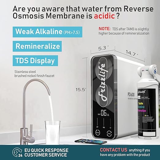 Frizzlife Reverse Osmosis Water Filter - Alkaline Mineral pH+, 600 GPD High Flow, Tankless RO Reverse Osmosis System, Under Sink, Reduce TDS, Compact, 2:1 Drain Ratio, PD600-TAM3