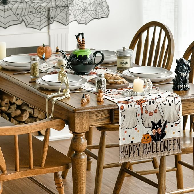 Artoid Mode Beige Ghost Jack-O'-Lantern Black Cat Halloween Table Runner,Holiday Kitchen Dining Table Decoration for Home Party Decor 13 x 90 Inch