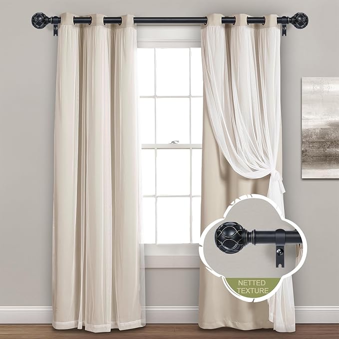 Black Adjustable Curtain Rods for Windows:Farmhouse Heavy Duty Curtain Rod for Bedroom Living Room,Boho Decorative Rustic Drapery Rods with Vintage Coastal Finials,Matte Black 2 Pack 18-45"