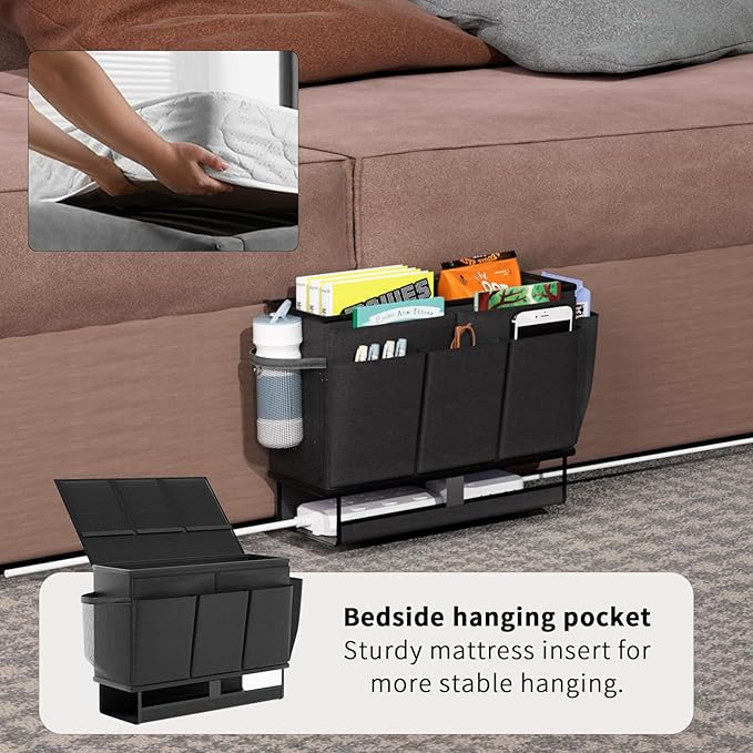 Bedside Caddy, Bed Organizer with 11 Pockets and Power Strip Holder,Versatile Bedside Storage Caddy for Home,Dorm,Bunk,Hospital,Crib Bed (Black)