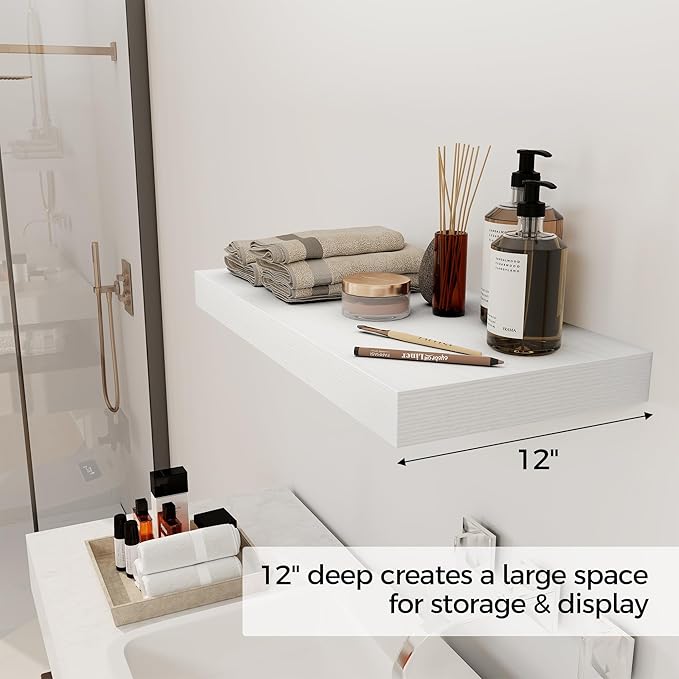 12 Inch Deep White Floating Shelves, 24 x 12 Floating Shelf for Books, Rustic Wood Deep Wall Shelves for Home Storage & Display, 2" Thicked Shelves for Kitchen, Living Room, Bedroom, 2 Pack