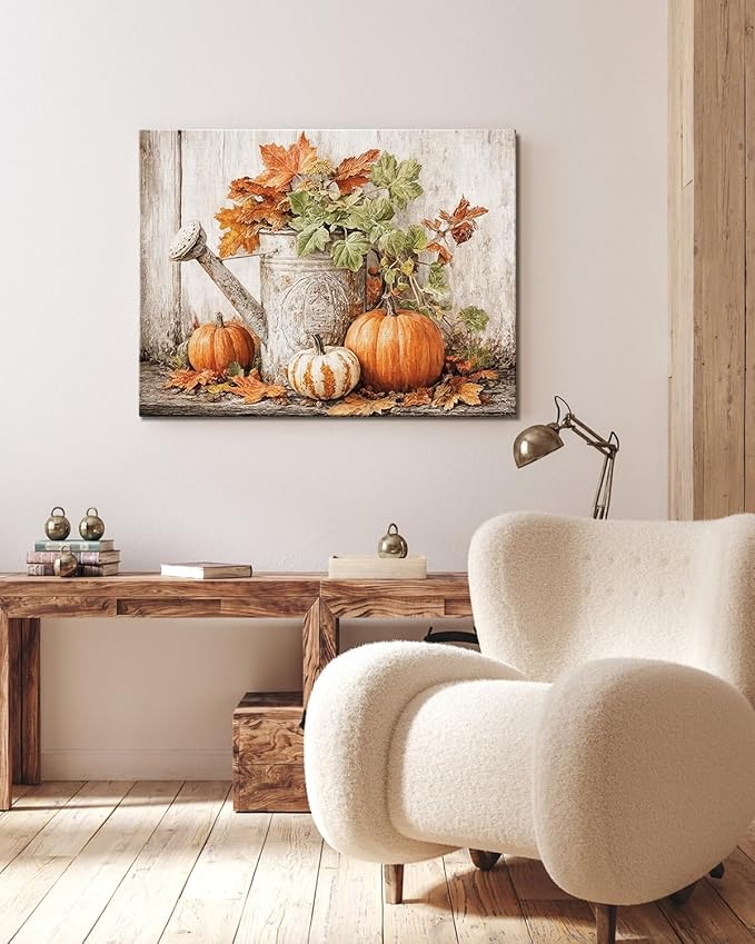 Autumn Pumpkin and Watering Can Canvas Wall Art, Rustic Fall Leaves Print Farmhouse Picture for Thanksgiving Decorations, Fall Wall Art Decor Ready to Hang