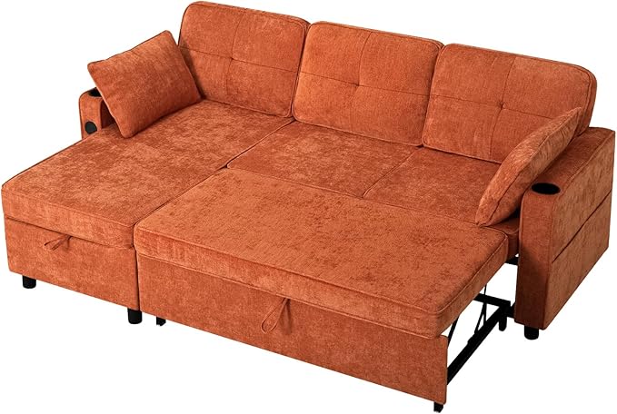 84 Inches Chenille Sectional Sofa w/Pull-Out Sofa Bed & Adjustable Back, Tufted L-Shaped Couch w/Storage Chaise, Sleeper Sectional Sofa w/USB Port & Cup Holders for Living Room, Orange