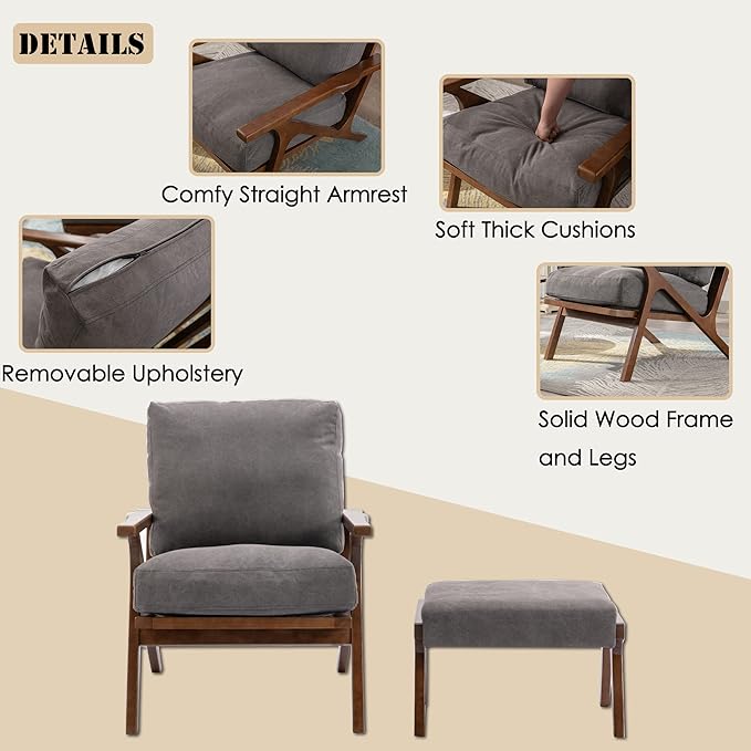 chairus Mid-Century Modern Accent Chair with Ottoman, Linen Fabric Armchair with Wood Legs Comfy Upholstered Single Sofa Chair for Living Room/Bedroom/Lounge, Grey