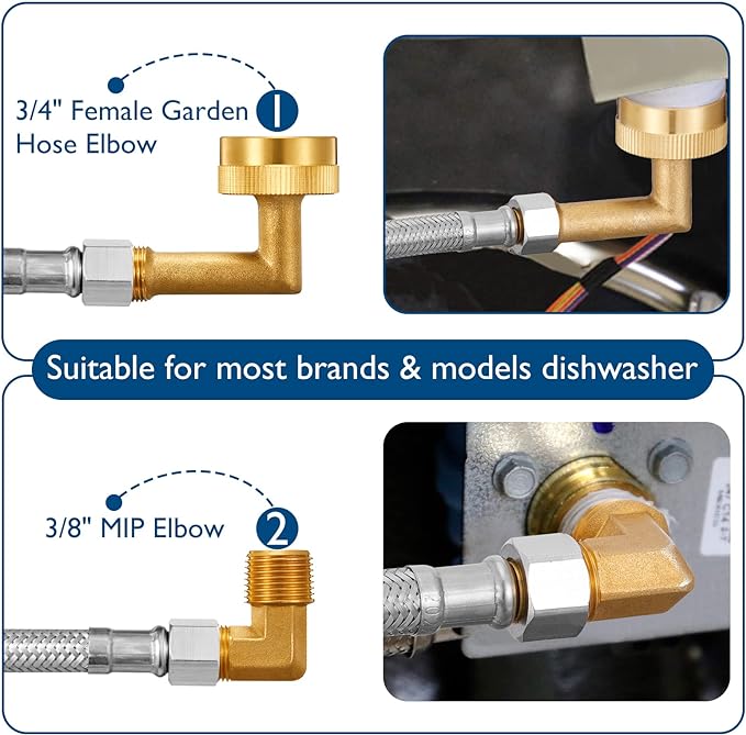 Dishwasher Installation Kit - 10 FT Stainless Steel Braided Dishwasher Hose kit,Food Grade PEX Inner Tube Water Line with 3/8"x 3/8"x 3/8" Tee Stop Valve,3/8"x 3/8"MIP Elbow,3/8"x 3/4"FHT Elbow