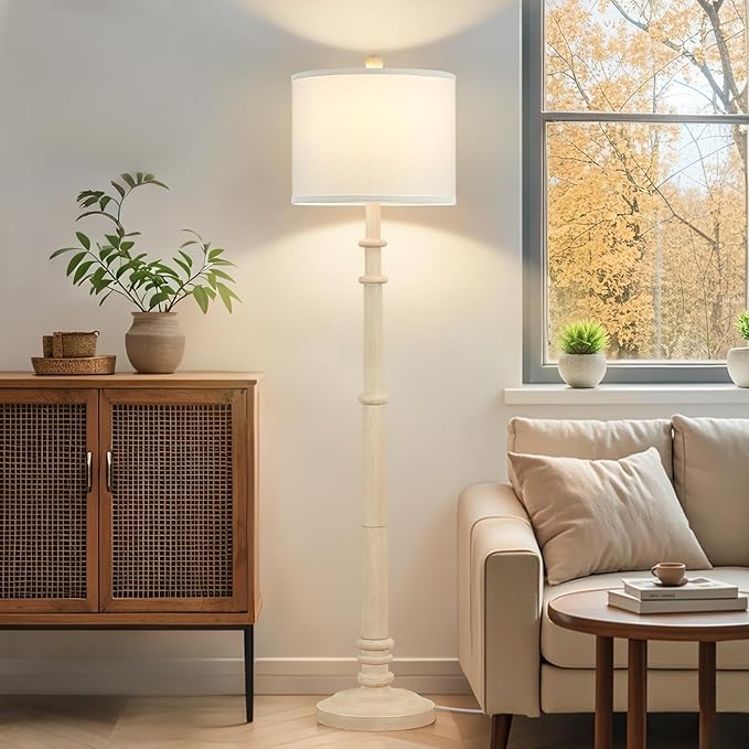 Floor Lamps for Living Room - 60" Resin Farmhouse Floor Lamp with 3 Color Temperatures - Vintage Standing Lamp Reading Light with Linen Shade Rustic Tall Lamp for Bedroom Office, Oatmeal Wash