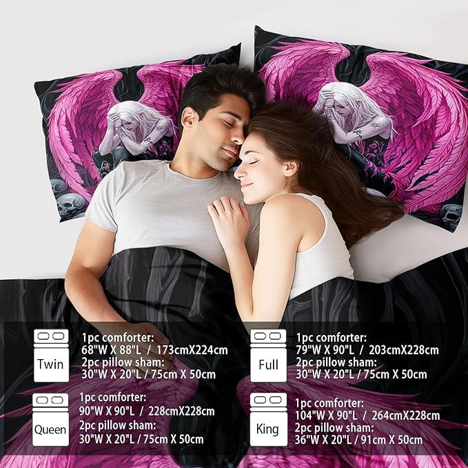 Gothic Skull Comforter Set King for Adults,Angel Wings Bedding Set Pink for Girls,Sexy Angel Comforter Bedroom Decor Teen,Gothic Skull Bedding Decor Pink Wings Quilt