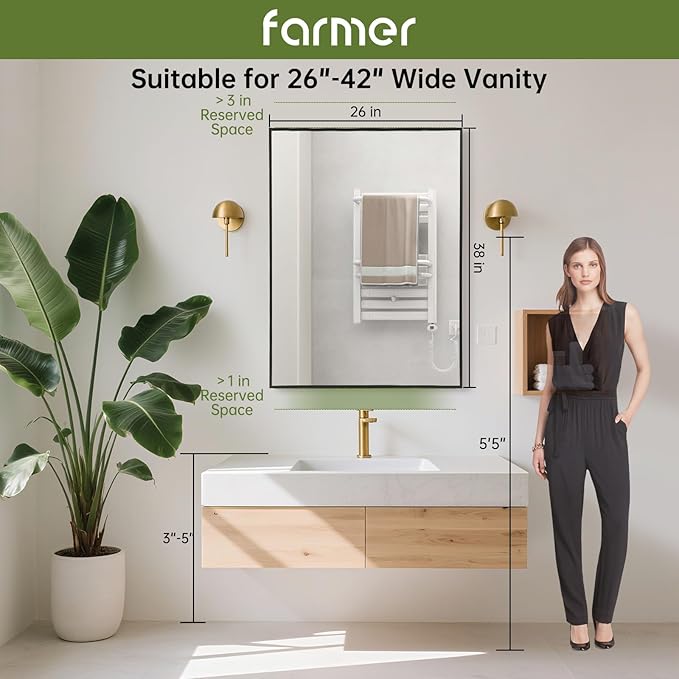 FARMER 26x38 Inch Black Bathroom Mirror, Rectangle Wall Mounted Mirror, Vanity Mirror, Brushed Square Mirror, Framed Bathroom Mirror for Bedrooms, Entryways, Living Rooms, Horizontal/Vertical