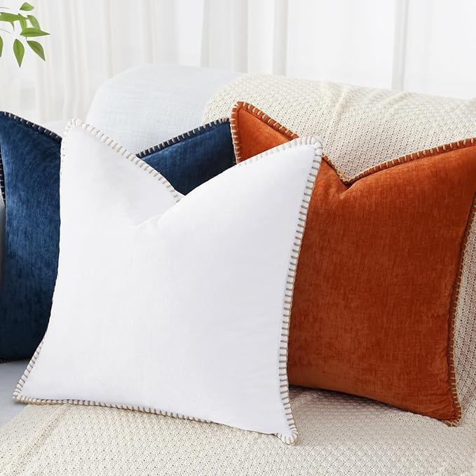 decorUhome Chenille Soft Throw Pillow Covers 20x20 Set of 2, Farmhouse Velvet Neutral Decorative Euro Pillow Covers with Stitched Edge for Couch Sofa Bed Home Decor, White