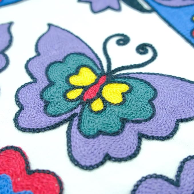 Embroidered Decorative Throw Pillow Cover, 18"x18" Set of 2, Farmhouse Pillowcase Purple Butterfly Knit Pattern Cotton Canvas Cushion Case Square Floral Pillow Case for Sofa Couch Bed Living Room