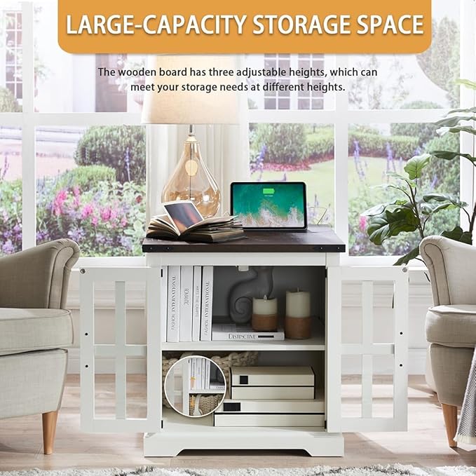 Farmhouse End Table with Charging Station,24" Large Sofa Side Table with Glass Barn Door, Rustic Wood Nightstand Bedside Table with Adjustable Storage Shelf for Living Room, Bedroom,White