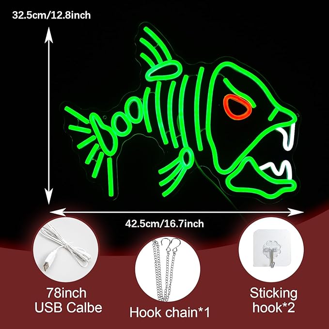 Fish Neon Sign LED Skeleton Fish Neon Light for Wall Decor Dimmable Green Fish Bones Light Up Sign for Living Room Game Room Restaurant Man Cave Art Wall Decoration (16.7 ''*12.8 '')