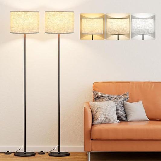 Ambimall 60'' Modern Floor Lamp Set of 2, 2PK Tall Lamps for Living Room Bedroom, Beige Shade with Black Pole(Without Bulb)
