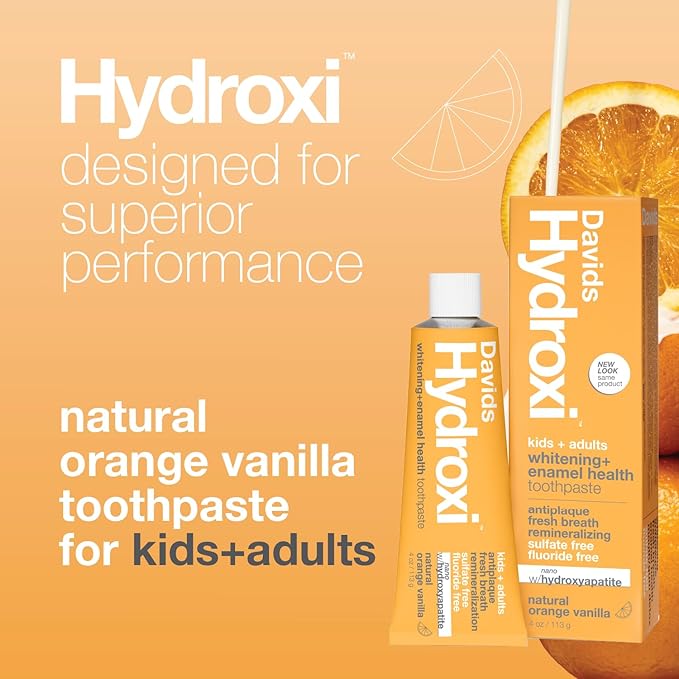 Davids Hydroxi Fluoride Free Nano Hydroxyapatite Toothpaste for Enamel Health & Whitening, Antiplaque, SLS Free, Kid Friendly Orange Vanilla Flavor, 4 oz, Made in USA