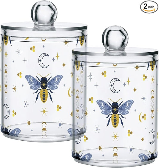 2 Pack Qtip Holder Organizer Dispenser Bee Boho Honeybee Insect Bathroom Storage Canister Cotton Ball Holder Container for Cotton Pads/Swabs/Floss