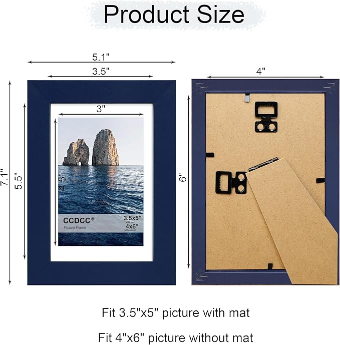 4x6 Picture Frame Set of 4, 4 x 6 Wood Photo Frames with Mat for 3.5x5, Natural Wooden Frame with Real Glass Cover for Wall and Tabletop Display,Blue