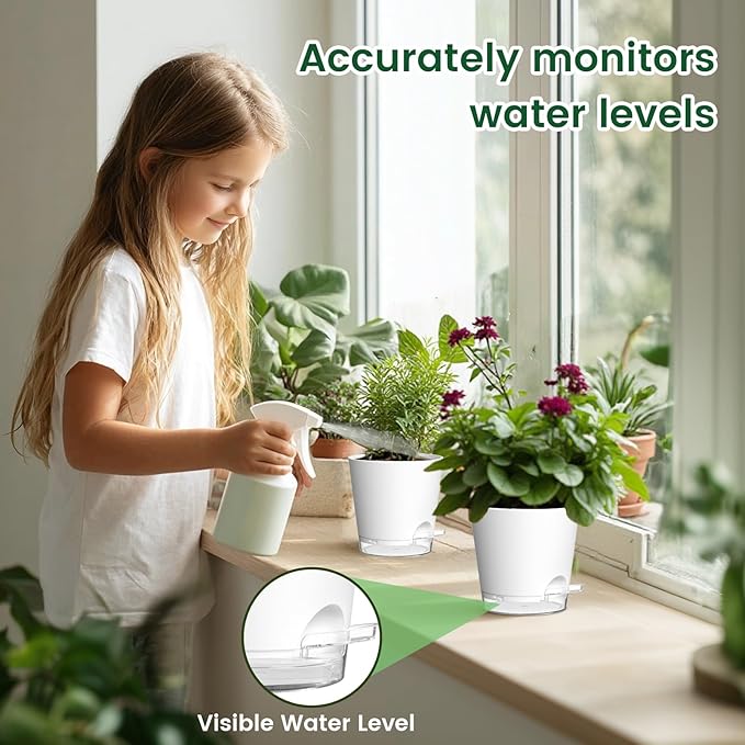 4 inch Self Watering Pots for Indoor Plants, 5 Pack Small Flower Plant Pots with Drainage Holes and Clear Reservoirs, Visible Water Level, Plastic Planters with Wicking Rope, White