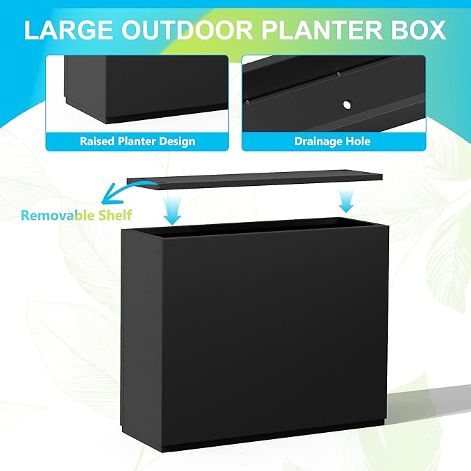 FENCY Metal Planter Box, Large Rectangular Planters for Outdoor Plants, Outdoor Tall Planters with Drainage Holes, Black Metal Planters (30" L x 12" W x 24" H)