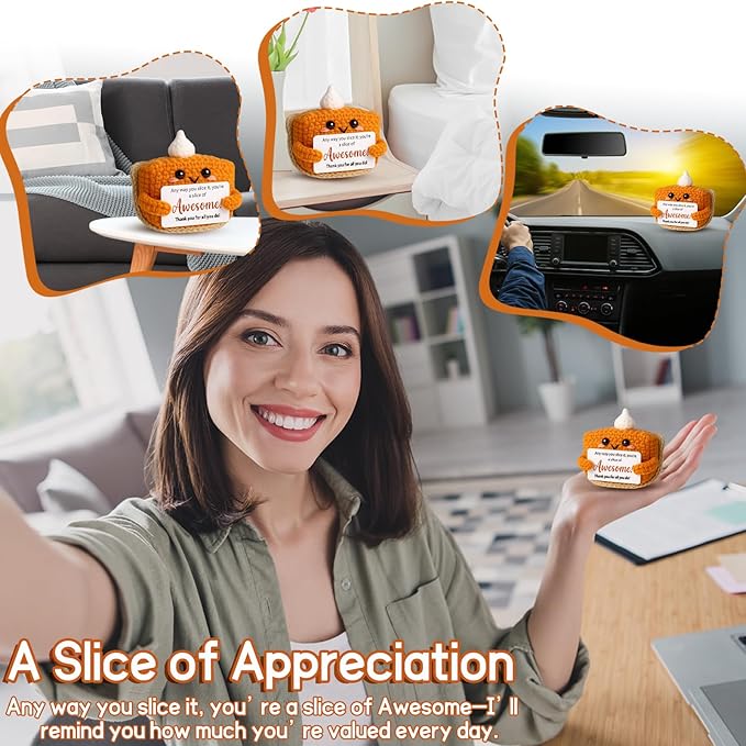 Crochet Pumpkin Pie – Fall Decor Handmade Knitted Mini Thank You Gift, Cute Appreciation Gift for Women, Daughter, Grandma Teacher, Coworker, Employee, Volunteer, Thanksgiving Desk Decor