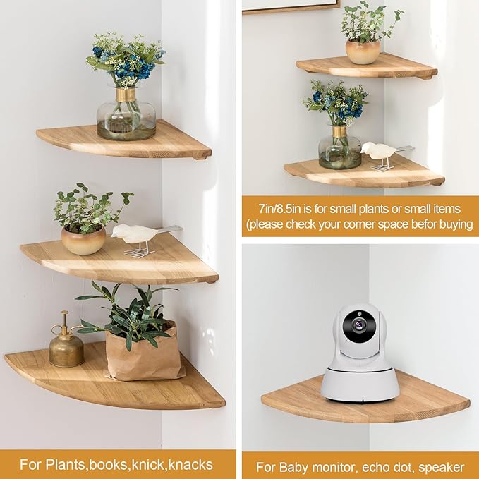 Corner Shelf, 7inch Solid Oak Wood Floating Corner Shelf Wall Mount Round End Floating Speaker Shelves with Wire Hole for Small Plant Photo Frame for Bedroom Kitchen, Living Room