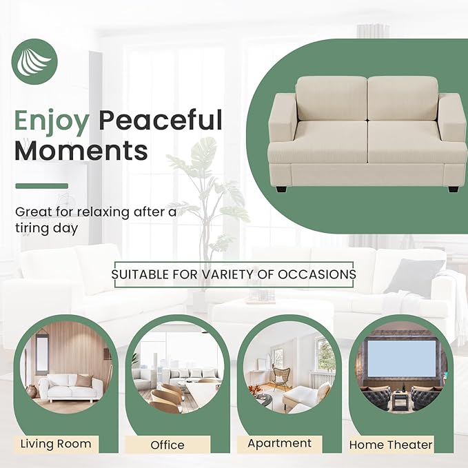 89" White Corduroy Sofa for Living Room, 3 Seater Cloud Couch, Deep Seat Floor Couch for Bedroom, Futon Modern Sofa Bed, White Corduroy