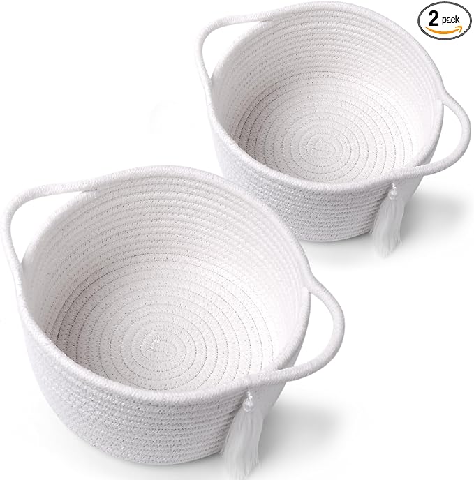 Empty Gift Basket Mini Woven Rope Organizer Baskets for Baby Shower, Vanity, Makeup, Bathroom, Tiny Toys, Desk - Small Decorative Storage Bins - Set of 2, Pre-Shaped, White