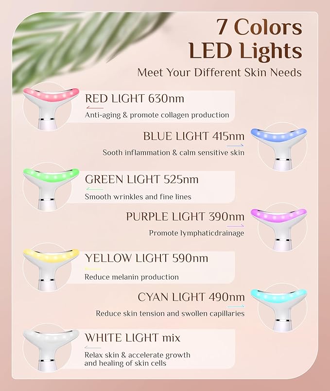 7 Color Galvanic Machines - Red Light Therapy for Face and Neck, Face Massager Tool for Wrinkles, Double Chin, Vibrating Facial Massager with Thermals, Pink