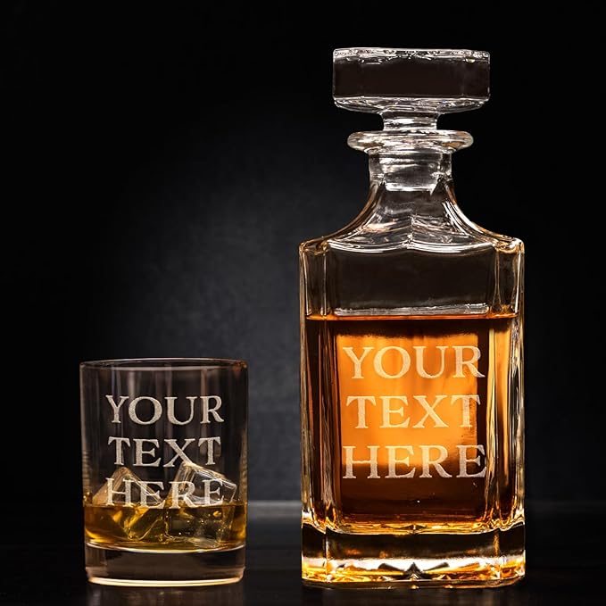 Gifts Inscribed Custom Text Whiskey Decanter & Glasses Set of 2 – Engraved Glass Cups Drinking Glasses Set of 2 – Personalized Whiskey Glasses Drinking Set – Customized Whisky Glassware Gift for Him