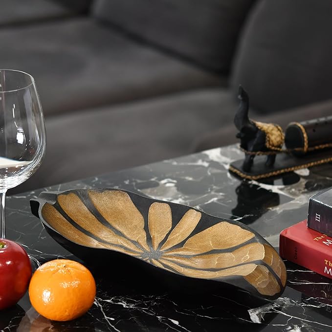 AeraVida Nature Inspired Handcarved Curvy Leaf Shaped 2-Tone Stained Wooden Serving Bowl or Dish for Tropical Chic Home Décor & Kitchen Accessories