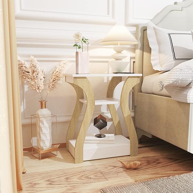 End Table with Charging Station, Side Table with USB Ports and Outlets, Nightstand, 3 Tier End Table with Storage Shelf for Living Room, Bedroom (White)