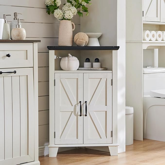 Corner Bathroom Cabinet, Farmhouse Small Corner Cabinet with Barn Door & Adjustable Shelf, Storage Cabinets for Bathroom, Kitchen, Living Room, Off White