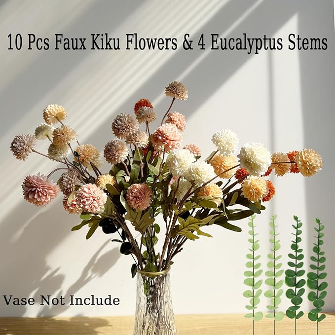 Faux Mixed Color Kiku Flower, 10 Stems with 5 Heads Each & 4 Branches Eucalyptus Stems, Artificial Small Mini Chrysanthemum Flowers for Aesthetic Room Decor, Floral Arrangements Centerpiece
