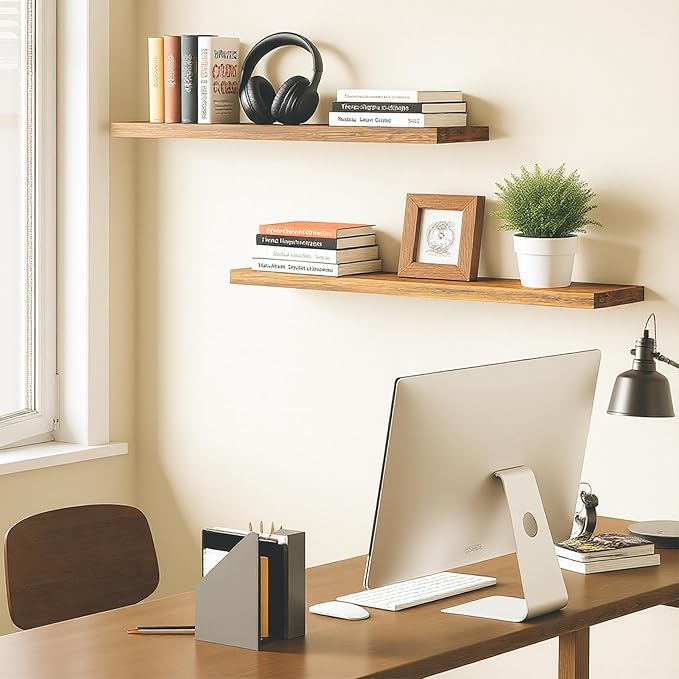 BAMEOS Floating Shelves, 31W x 7D Rustic Brown Wall Mounted Wooden Shelves with Invisible Brackets Set of 2, Hanging Wall Shelves Decoration for Bedroom, Bathroom, Living Room and Kitchen