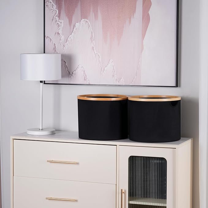 efluky Storage Baskets for Organizing, Fabric Storage Bins with Bamboo Handles, Collapsible Storage Baskets for Shelves and Closet,Medium, Black Set of 2