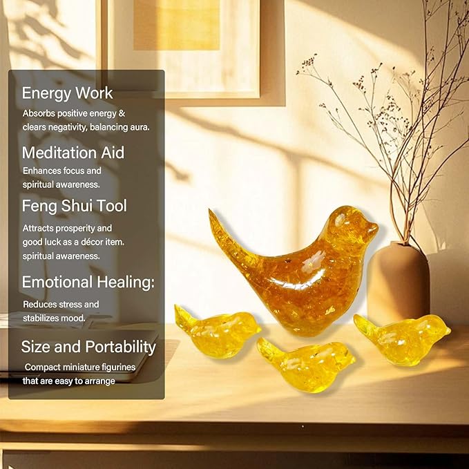 Crystal Bird Figurines, Resin Animal Statues, Miniature Decorative Gravel Birds, Home Decor (4PCS-Citrine)