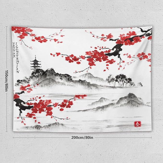 Cherry Blossoms Tapestry, Japanese Fuji Mountain Tapestry, Asian Japanese Wall Tapestry, Nature Landscape Tapestries for Bedroom Living Room Decor 80"x60"