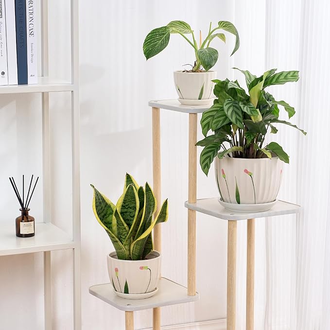 4/5/6 Inches Ceramic Plant Pots with Drainage Holes and Saucers, Round Flower Pots for Indoor Plant, Small Flower Planters Set of 3 (White Floral-Big Size)