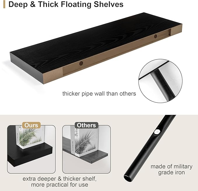 12" Deep Black Floating Shelves,Over Toilet Long Wall Mounted Modern Farmhouse 36 inches,Wall Shelves with Invisible Brackets for Bedroom, Bathroom, Living Room, Kitchen, Set of 1
