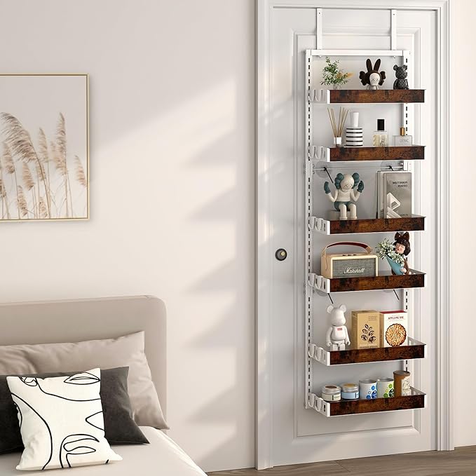 bukfen Over the Door Pantry Organizer, 6-Tier Adjustable Wooden Basket Kitchen Pantry Door Organization and Storage, Heavy-Duty Metal Hanging Kitchen Spice Rack,D6.3 x W17.71 x H50.60 inch,White