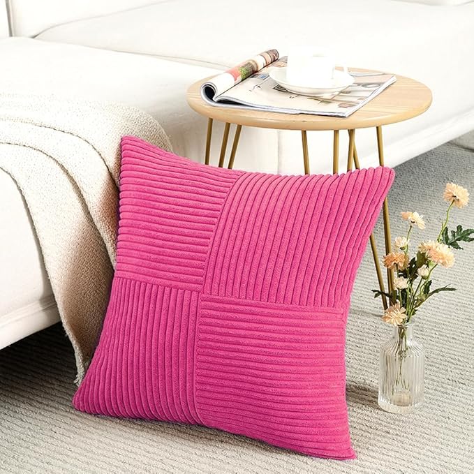 Fancy Homi 2 Packs Hot Pink Decorative Throw Pillow Covers 22x22 Inch for Living Room Couch Bed, Rustic Farmhouse Boho Home Decor, Soft Corss Corduroy Patchwork Accent Square Cushion Case 55x55 cm